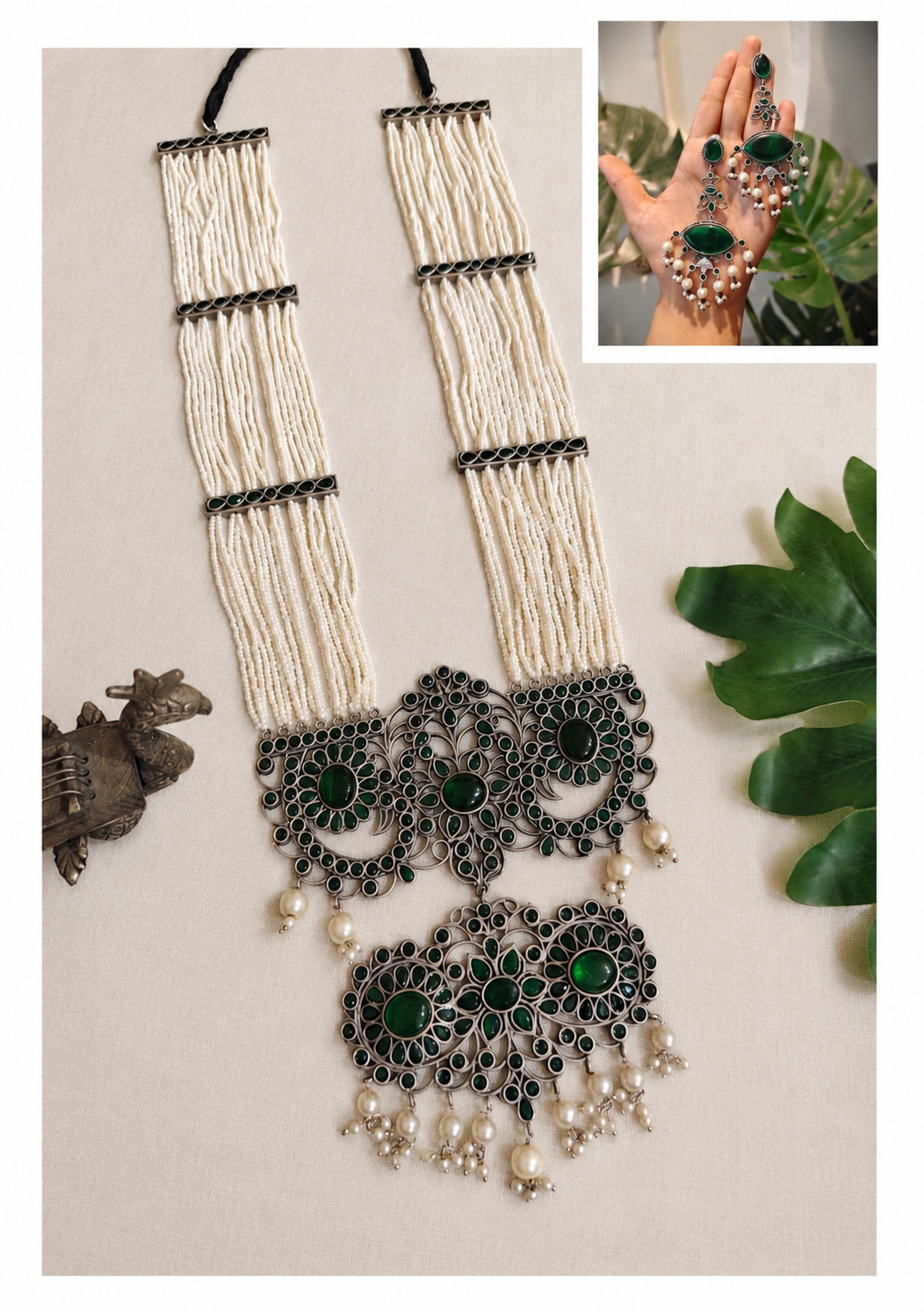 Beautiful Designer Stone Embedded Huge Pendant Long Necklace With Earrings