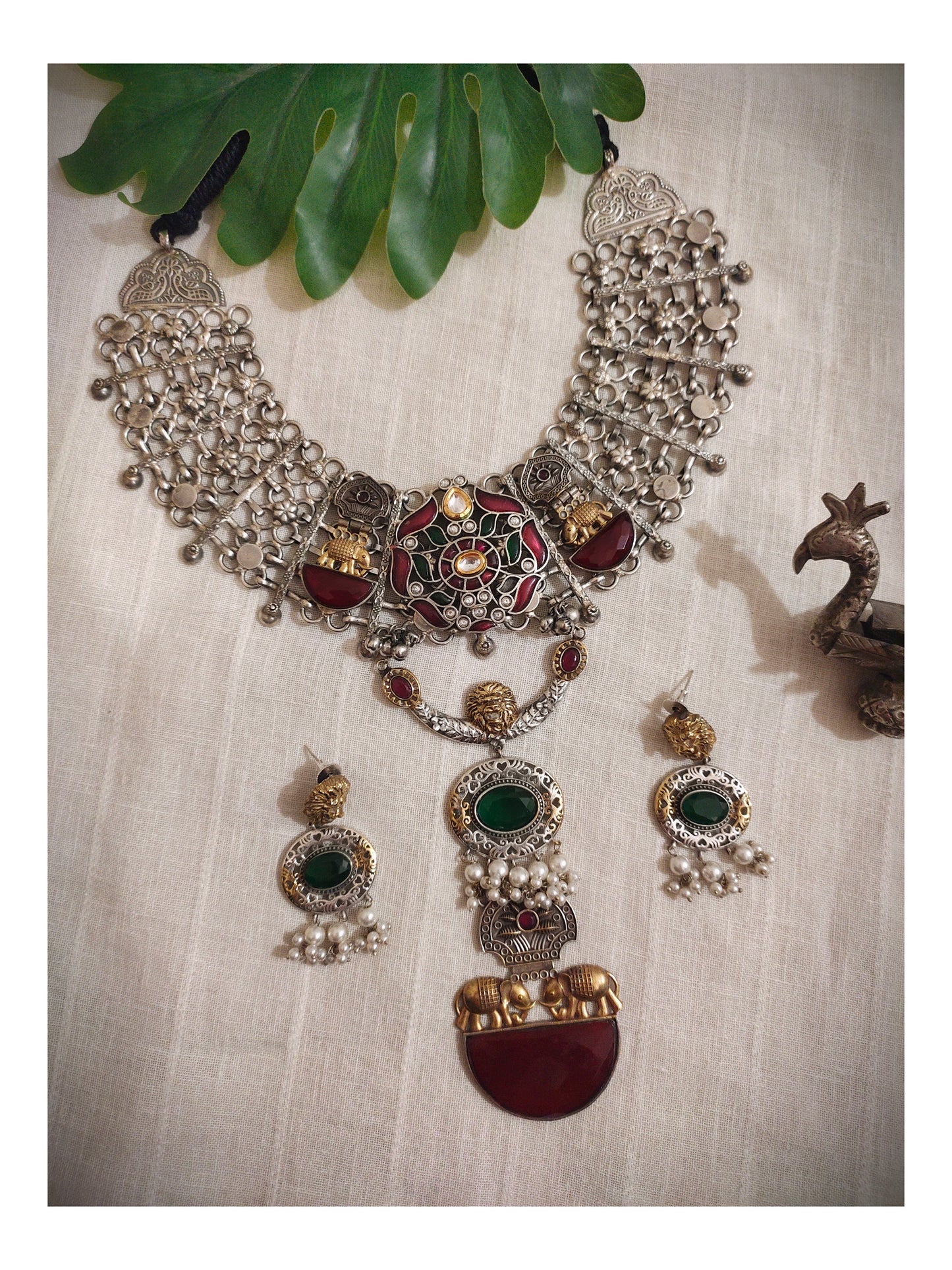 Beautiful Designer Kempstone & Stone Embedded Dual Tone Long Pendant Jaal Neckpiece With Earrings