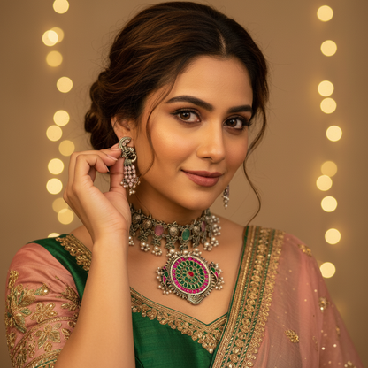 Beautiful Designer Stone Embedded Choker Pendant With Earrings