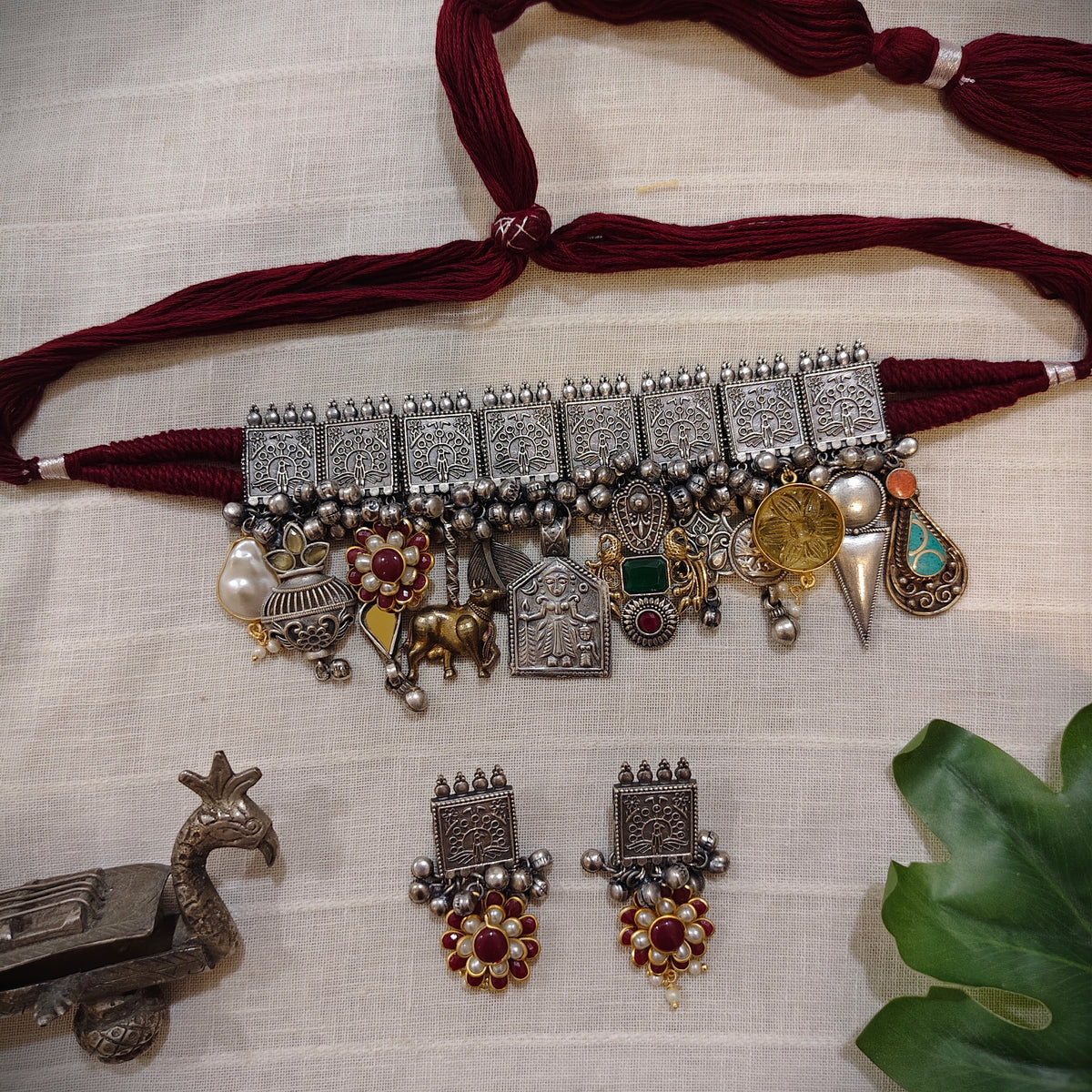 Beautiful Designer Charms Mix Statement Choker With Earrings