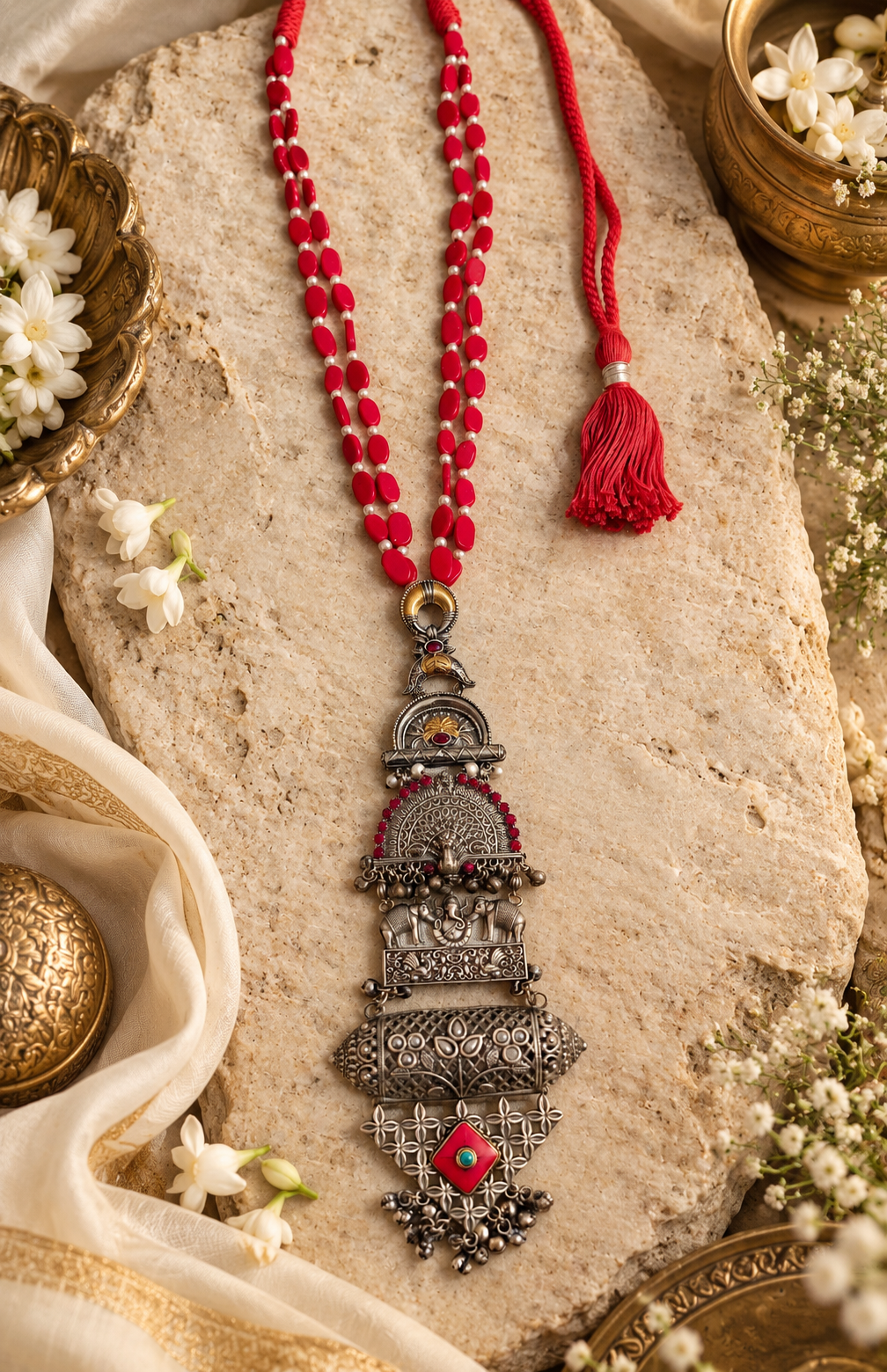 Beautiful Designer Dual Tone Long Fusion Pendant Necklace With Coral Beads Mala Necklace