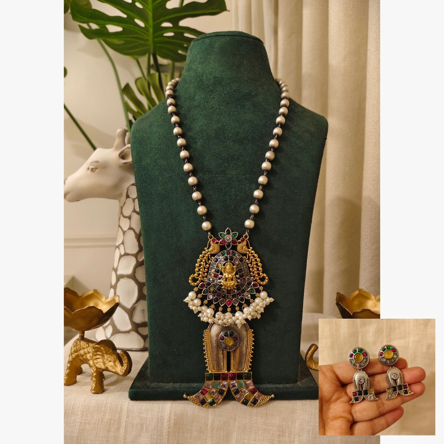Beautiful Designer Dual Tone Stone Embedded Pendant Necklace With Earrings