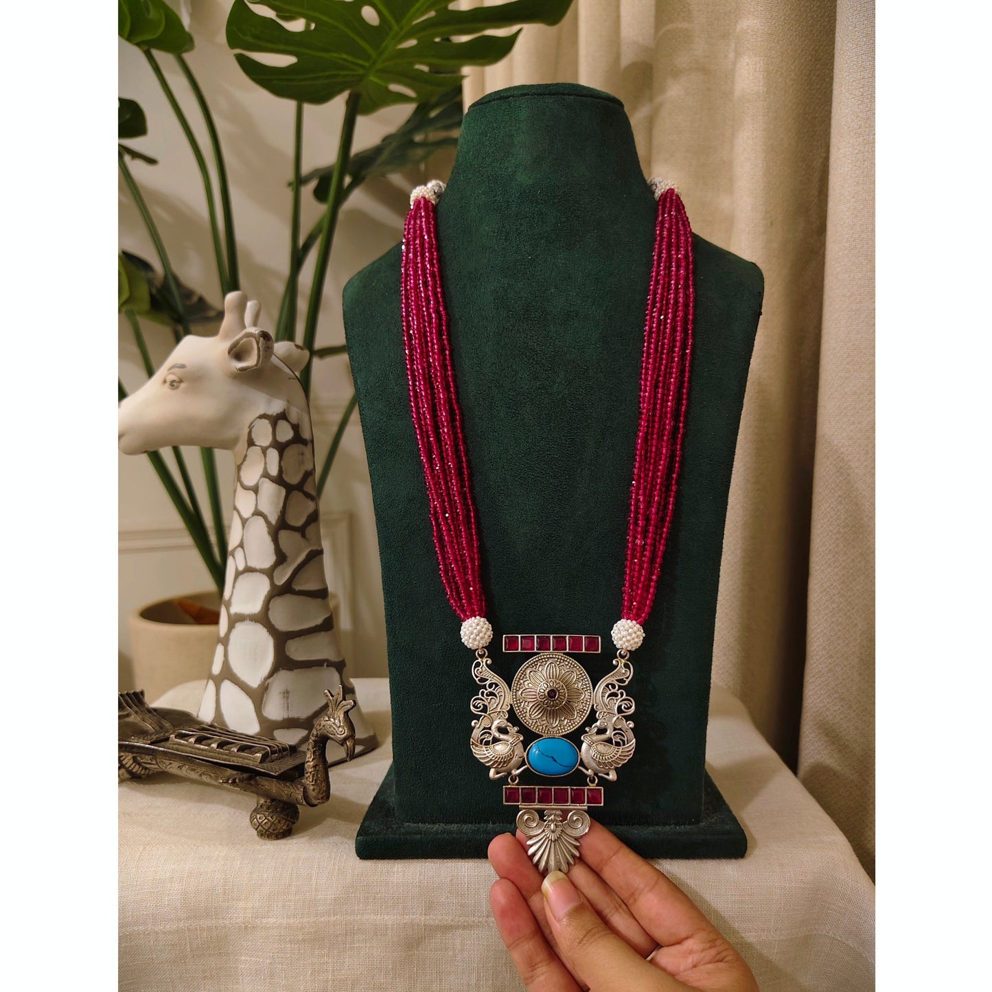 Beautiful Designer Stone Embedded Brass Pendant Necklace With Beaded Mala