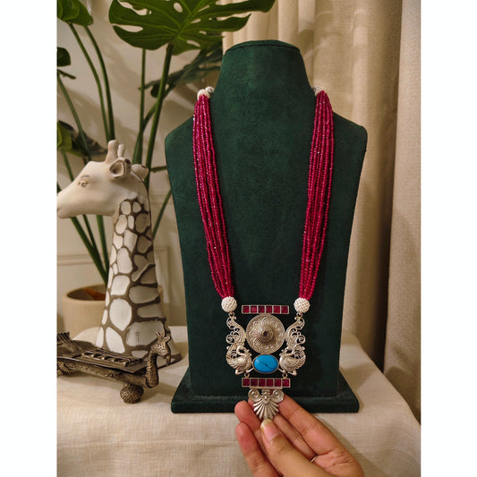 Beautiful Designer Stone Embedded Brass Pendant Necklace With Beaded Mala