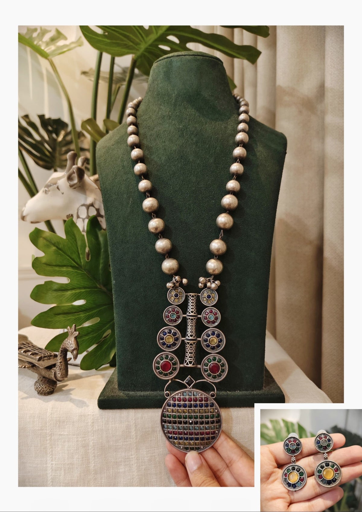 Beautiful Designer Stone Embedded Pendant Necklace With Earrings