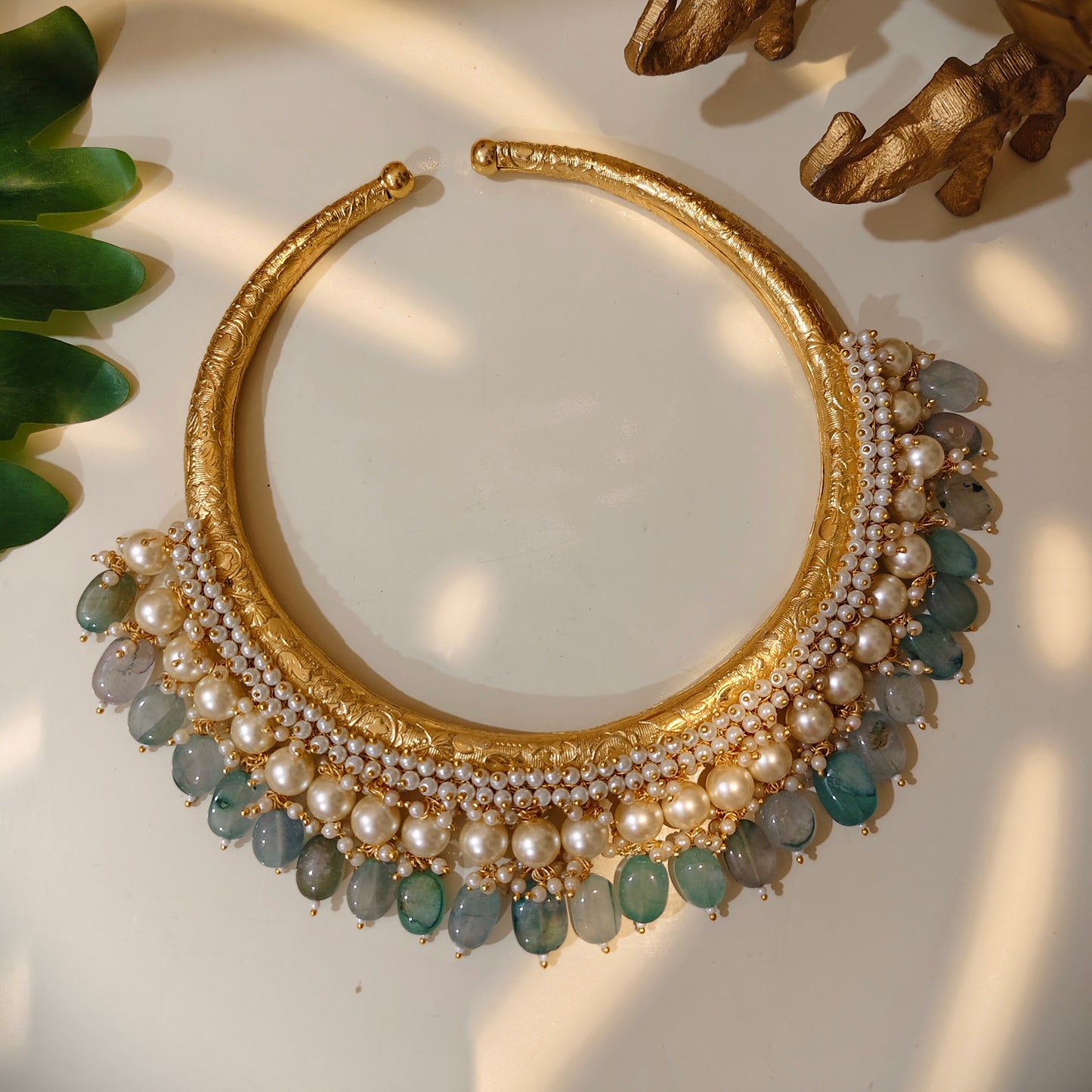 Beautiful Designer Golden Hasli With Moti Work And Pearl + Beads Latkan