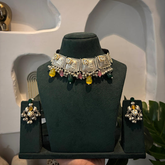 Beautiful Designer White Polish Silver Coated Choker With Earrings