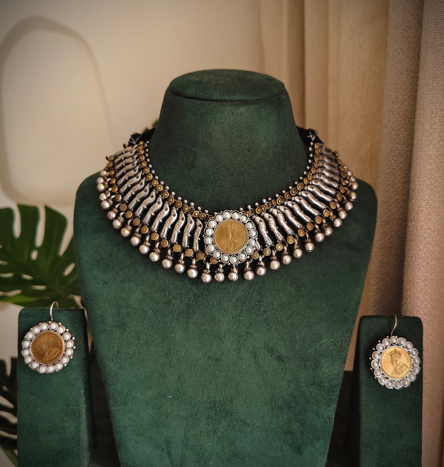 Beautiful Designer Dual Tone Peacock Neckpiece With Earrings
