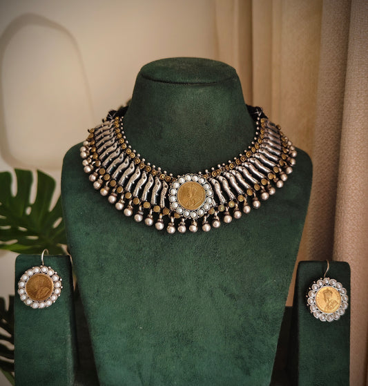 Beautiful Designer Dual Tone Peacock Neckpiece With Earrings