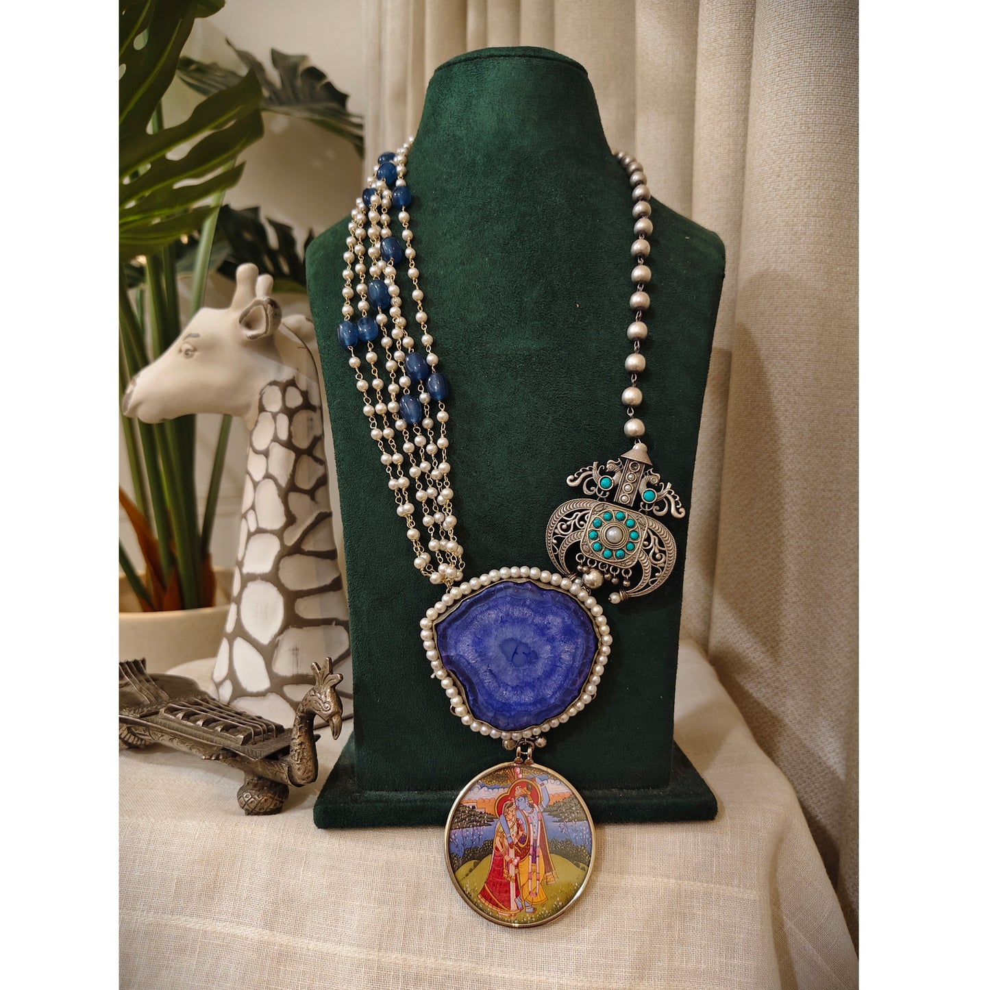 Beautiful Designer Painting & Natural Stone Pendant Stylish Mala Long Necklace