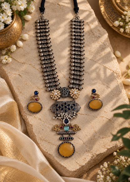 Beautiful Designer Stone Embedded Dual Tone Pendant Long Patta Necklace With Earrings
