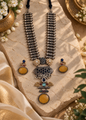 Beautiful Designer Stone Embedded Dual Tone Pendant Long Patta Necklace With Earrings