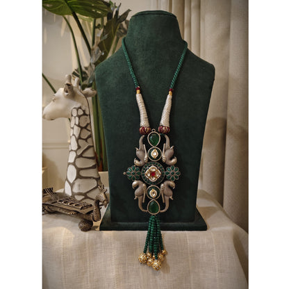 Beautiful Designer Kundan Detailing Peacock Pendant Handmade Dori Necklace