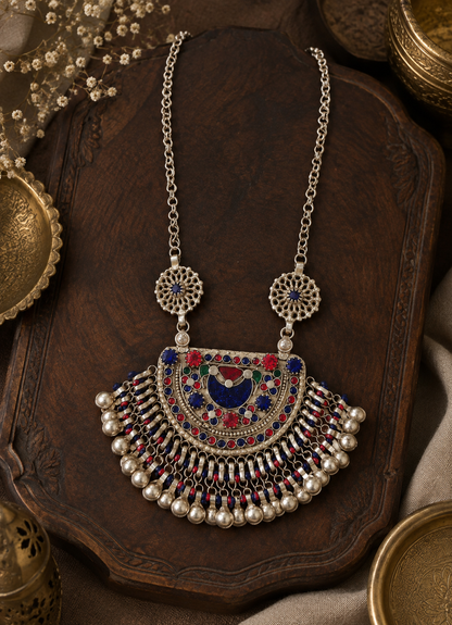 Beautiful Vintage Afghani Chaand Stone Embedded Pendant Necklace