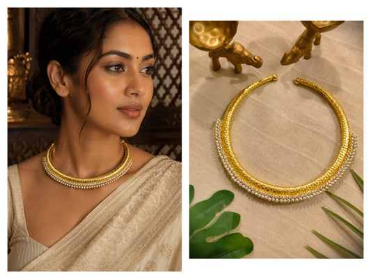 Beautiful Designer Golden Hasli With Moti Work