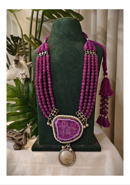 Beautiful Designer Natural Stone Pendant With Japanese Glass Beads Long Necklace