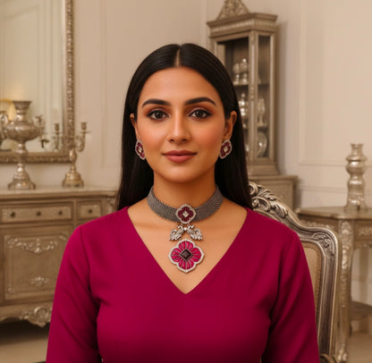 Beautiful Designer Kempstone Peacock Pendant Choker With Earrings