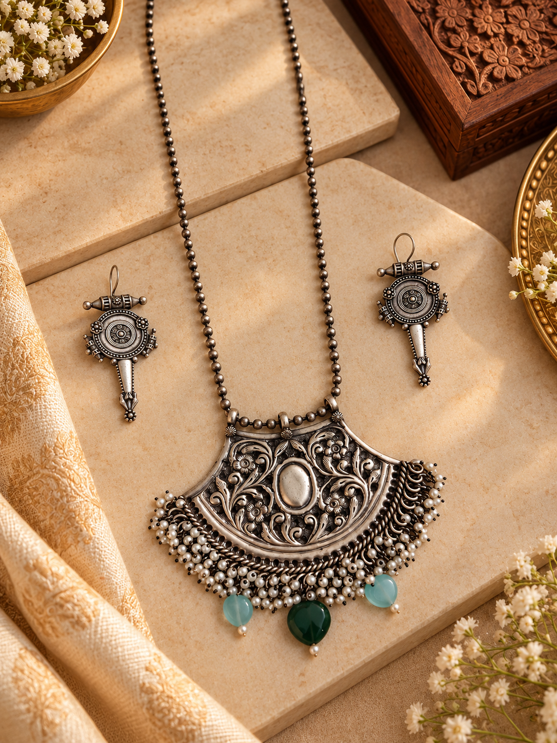 Beautiful Designer Chitai Work Pendant Necklace With Earrings
