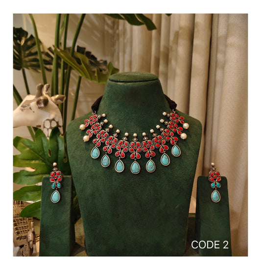 Beautiful Designer Firoza & Coral Mix Neckpiece With Earrings