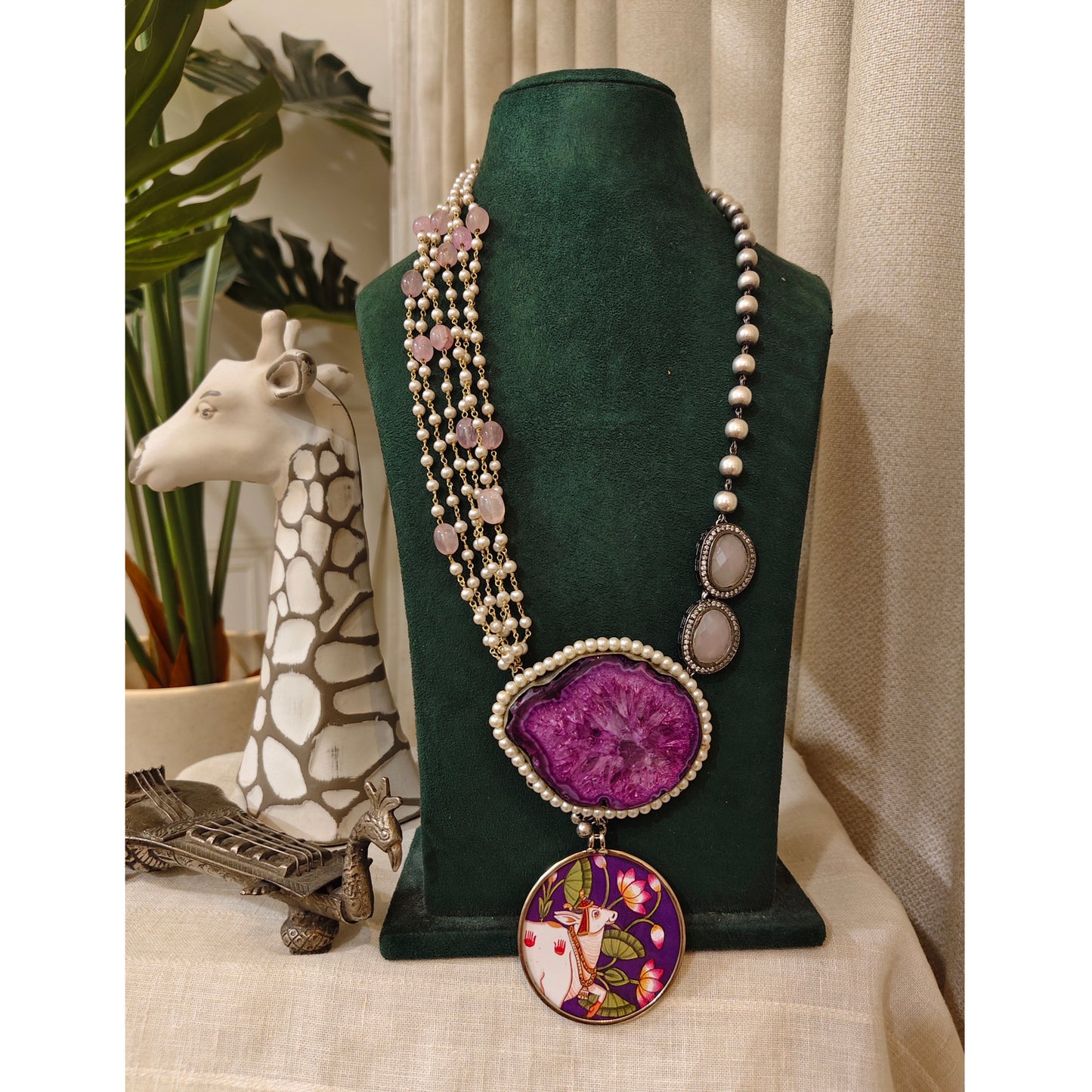 Beautiful Designer Painting & Natural Stone Pendant Stylish Mala Long Necklace