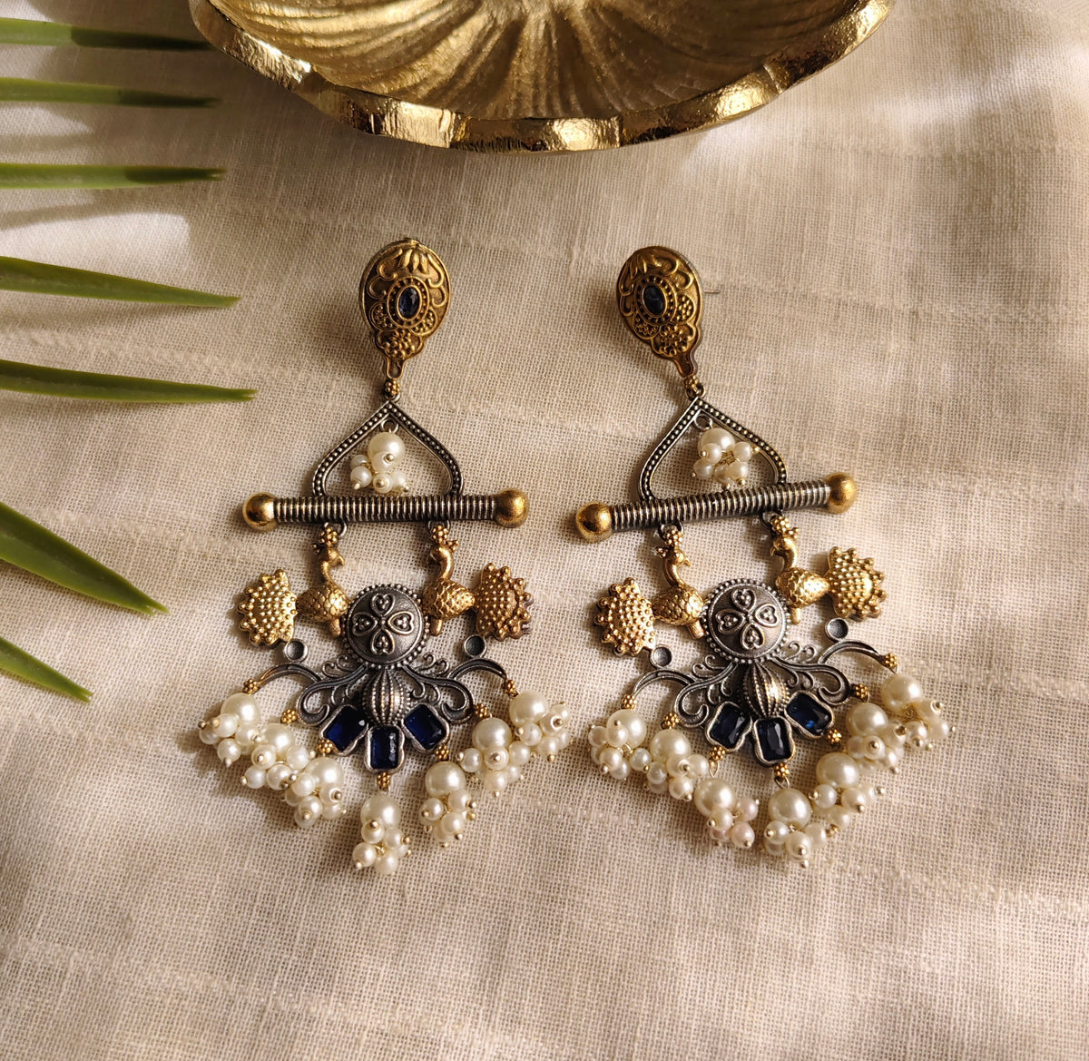 Beautiful Designer Dual Tone Stone Embedded Long Earrings