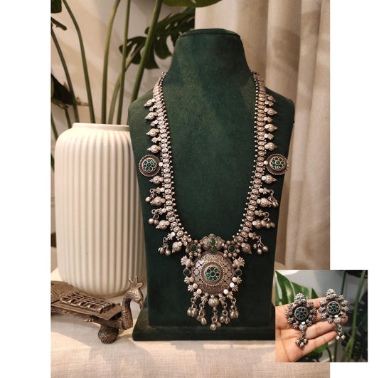 Beautiful Designer Stone Embedded Kolhapuri Long Necklace With Earrings
