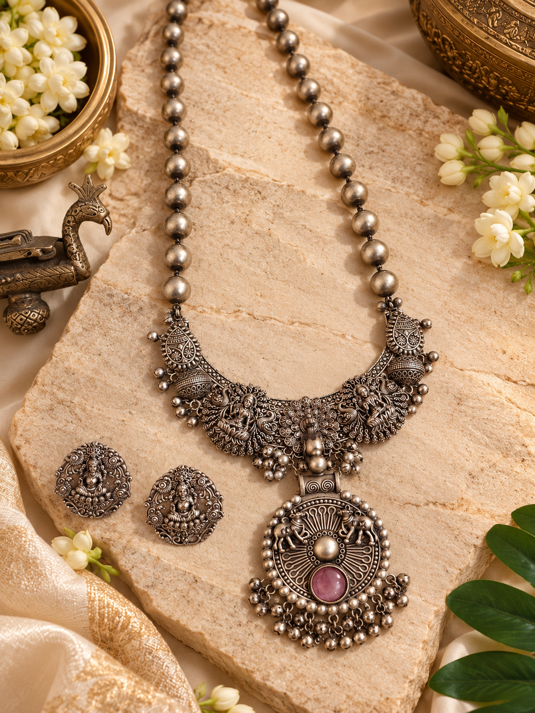 Beautiful Designer Fusion Peacock Chaand With Pendant Ball Chain Necklace & Earrings