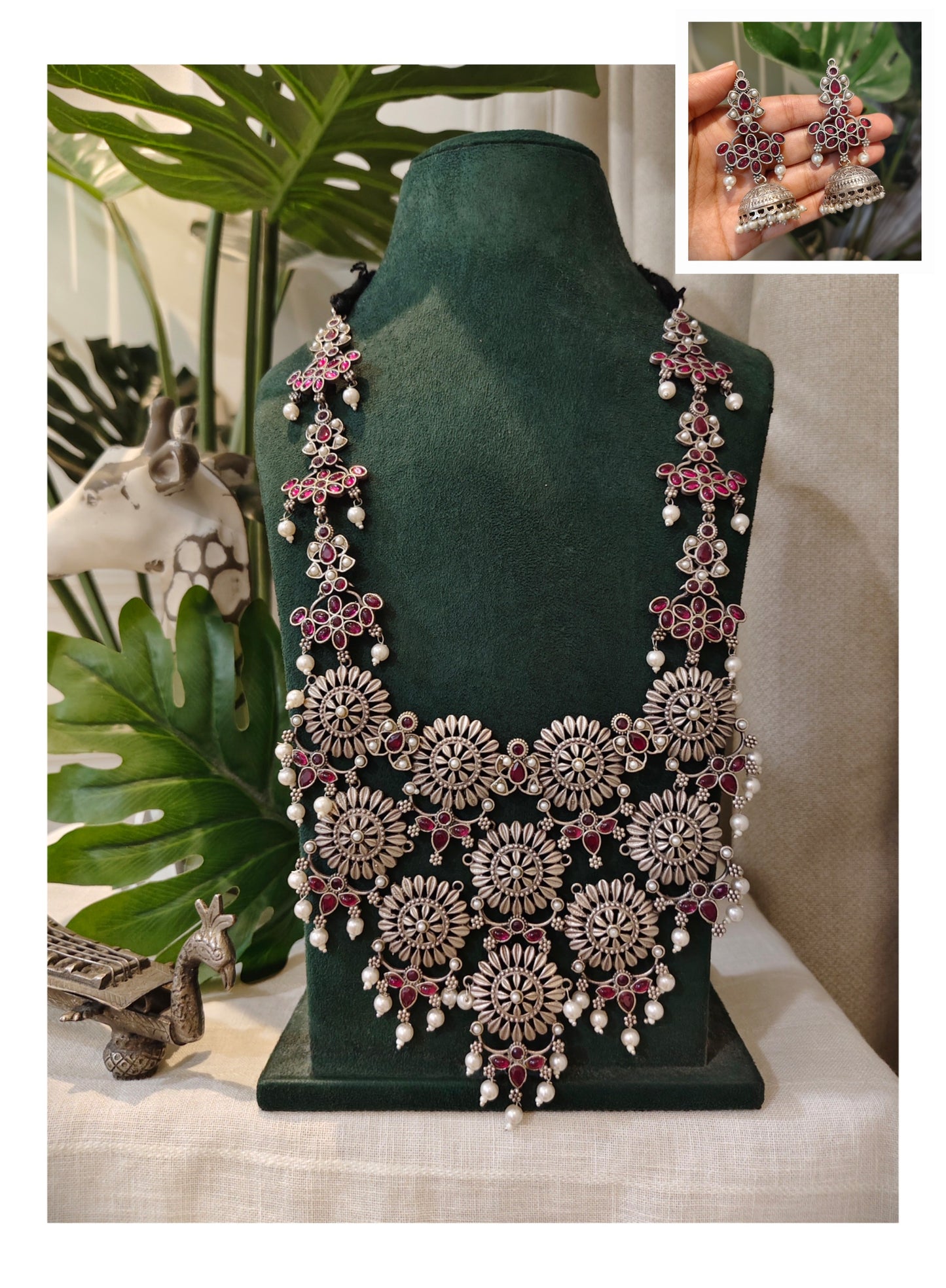 Beautiful Designer Stone Embedded Huge Necklace With Earrings
