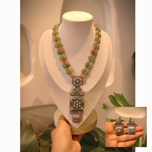 Beautiful Designer Stone Embedded Long Pendant Necklace With Earrings