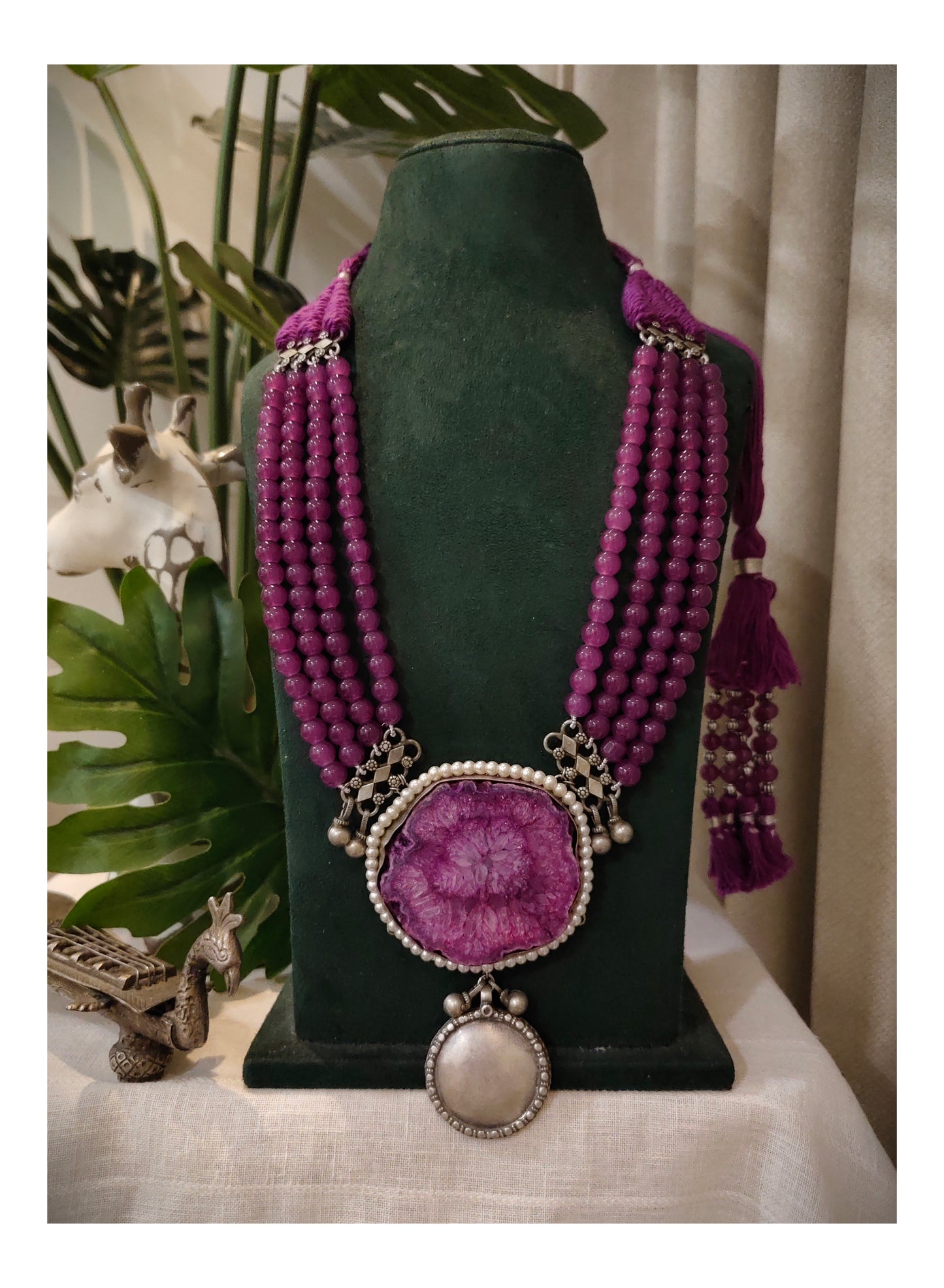 Beautiful Designer Natural Stone Pendant With Japanese Glass Beads Long Necklace