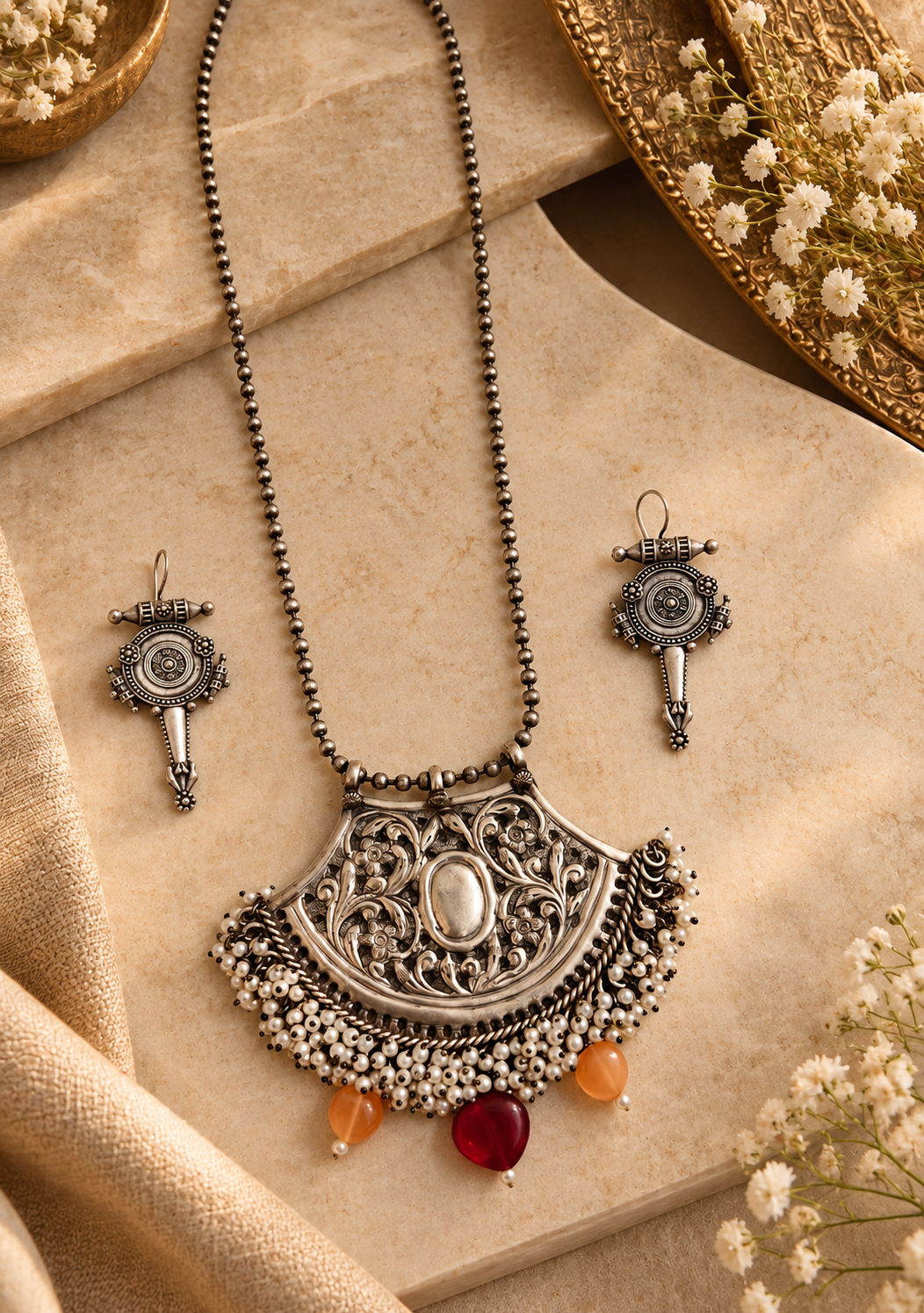 Beautiful Designer Chitai Work Pendant Necklace With Earrings