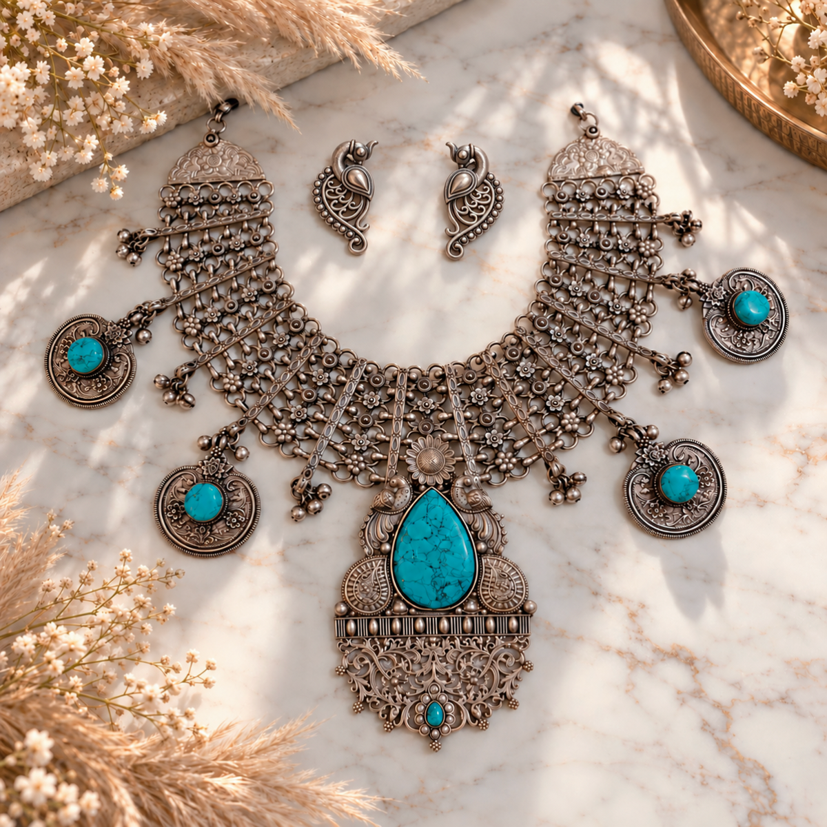 Beautiful Designer Statement Turquoise Neckpiece With Earrings