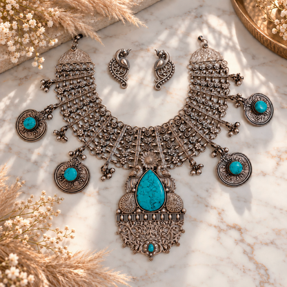 Beautiful Designer Statement Turquoise Neckpiece With Earrings