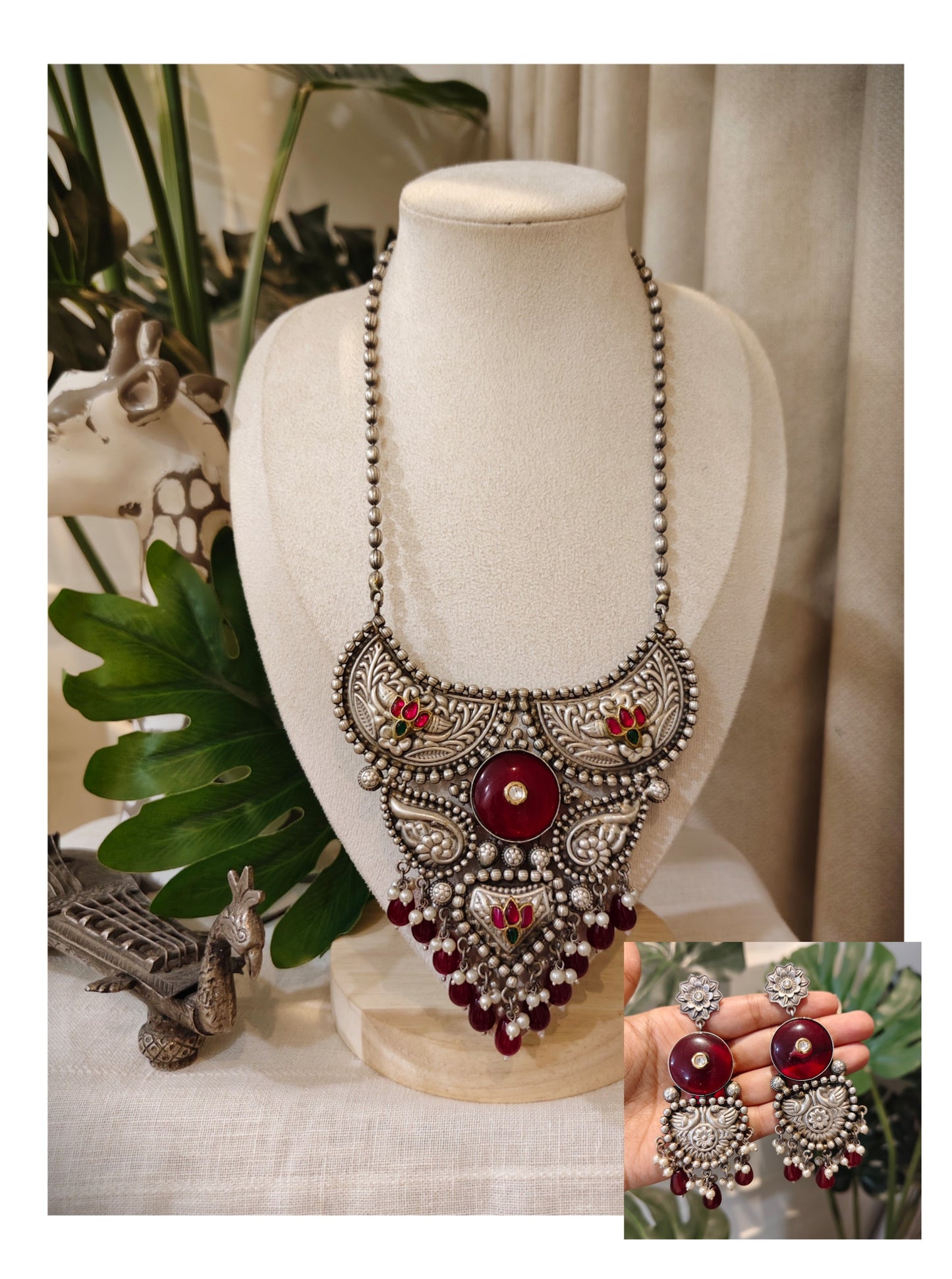 Beautiful Designer Stone Embedded Kundan Detailing Big Pendant Long Necklace With Earrings