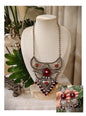 Beautiful Designer Stone Embedded Kundan Detailing Big Pendant Long Necklace With Earrings