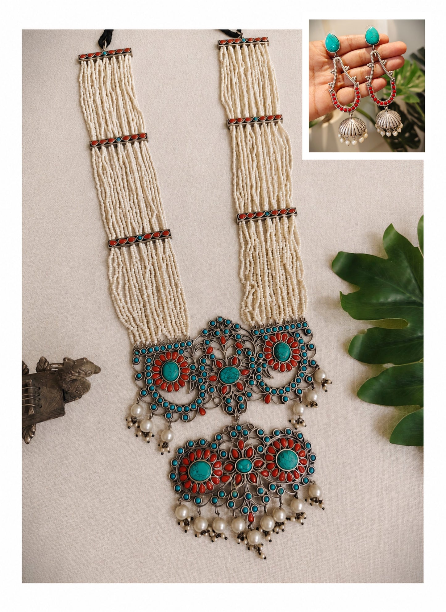 Beautiful Designer Stone Embedded Huge Pendant Long Necklace With Earrings