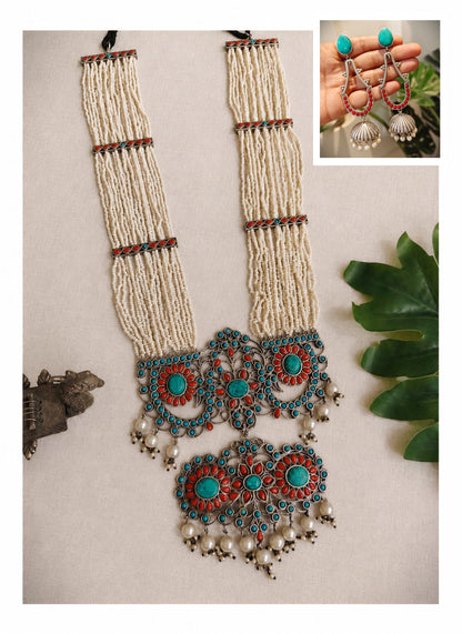 Beautiful Designer Stone Embedded Huge Pendant Long Necklace With Earrings