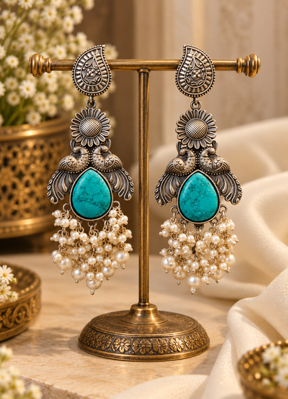 Beautiful Designer Stone Embedded Peacock Long Earrings