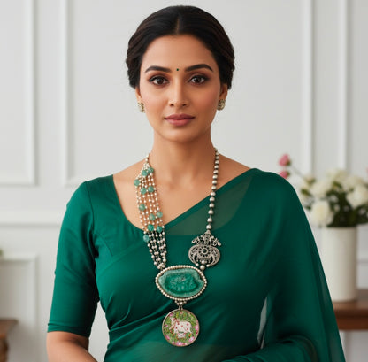 Beautiful Designer Painting & Natural Stone Pendant Stylish Mala Long Necklace