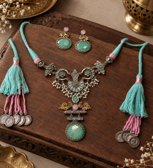 Beautiful Designer Stone Embedded Peacock Pendant Neckpiece With Earrings