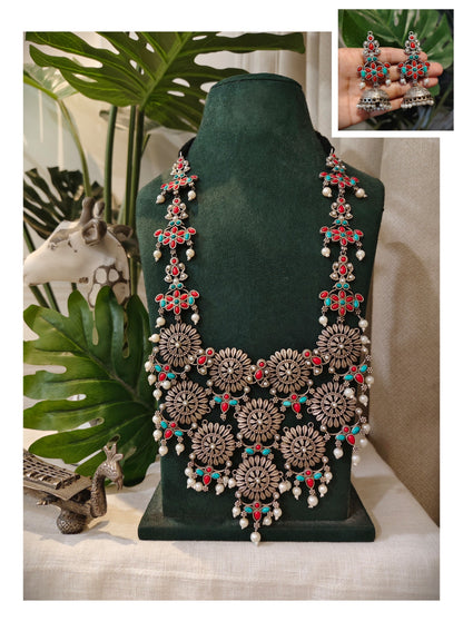 Beautiful Designer Stone Embedded Huge Necklace With Earrings