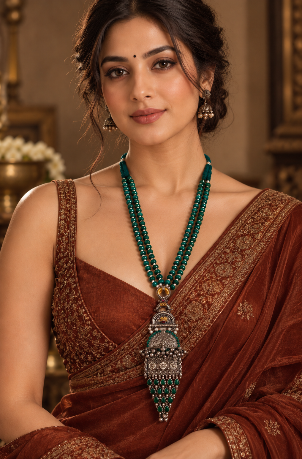 Beautiful Designer Stone Embedded Dual Tone Long Pendant Necklace