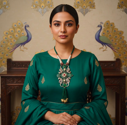 Beautiful Designer Stone Embedded Peacock Pendant Long Necklace