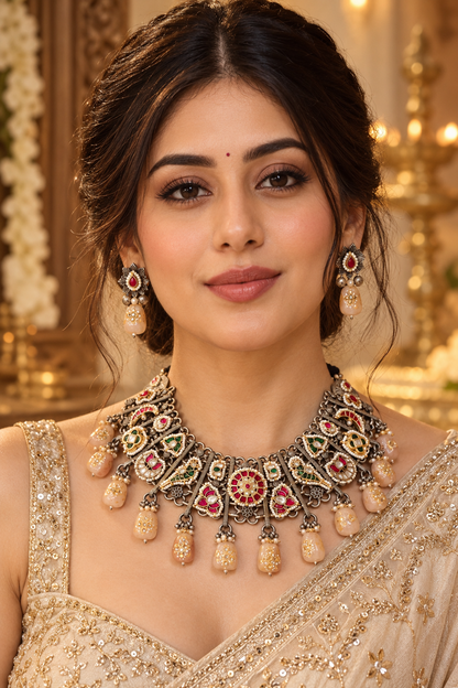 Beautiful Designer Kundan Detailing Jaal Patta Statement Neckpiece With Earrings