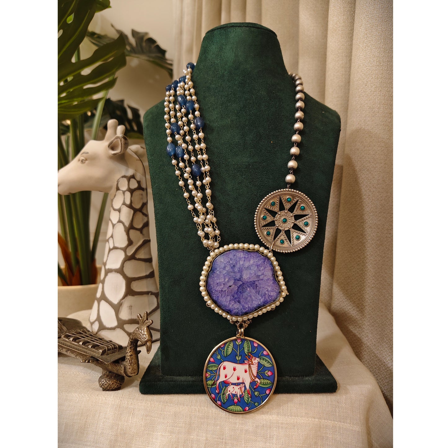 Beautiful Designer Painting & Natural Stone Pendant Stylish Mala Long Necklace