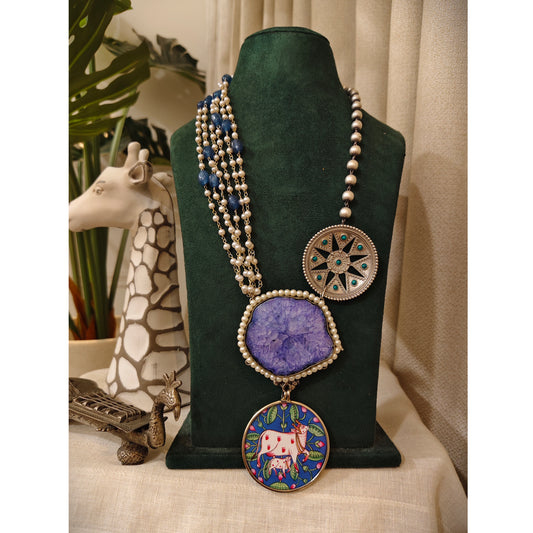 Beautiful Designer Painting & Natural Stone Pendant Stylish Mala Long Necklace