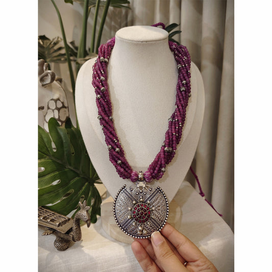 Beautiful Designer Stone Embedded Pendant With Twisted Beaded Mala Necklace