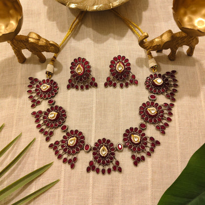Beautiful Designer Stone Embedded Neckpiece With Kundan Detailing And Earrings