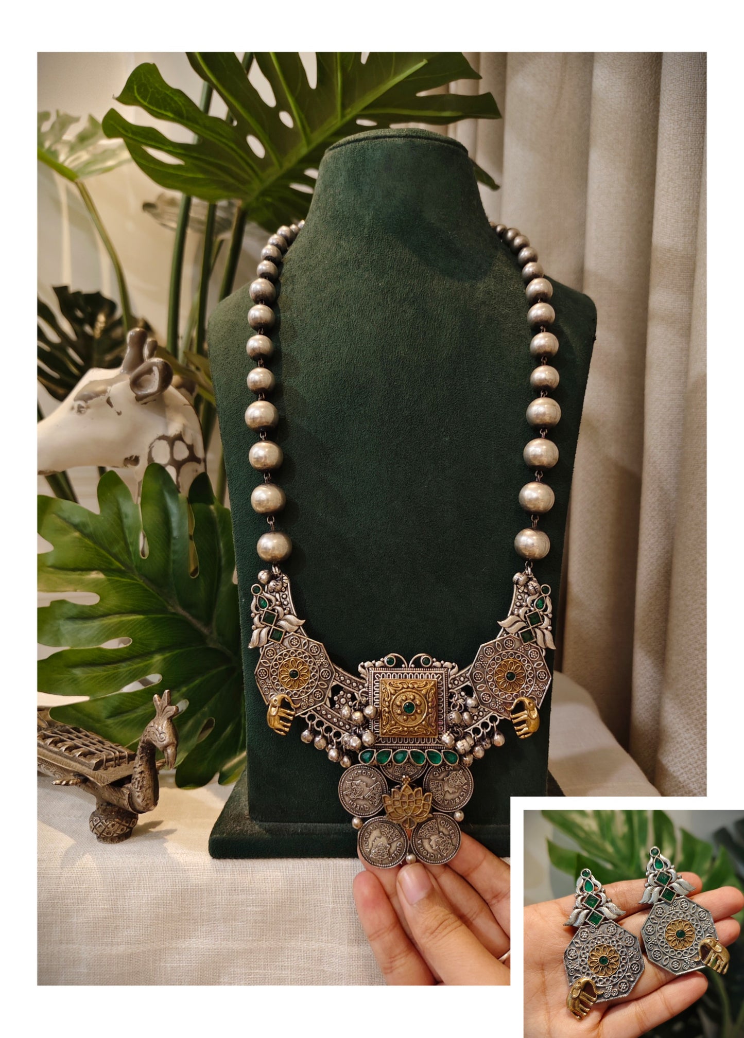 Beautiful Designer Dual Tone Chaand Pendant Long Ball Chain Necklace With Earrings