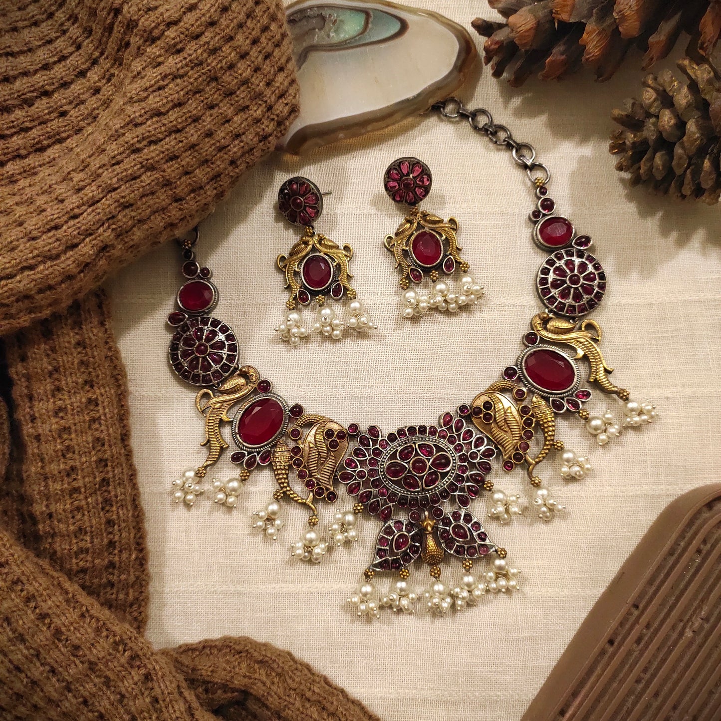 Beautiful Designer Dual Tone Stone Embedded Neckpiece With Earrings
